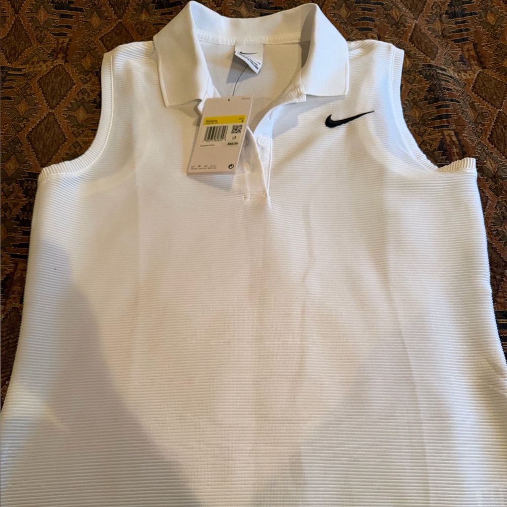 Nike White Ribbed Sleeveless Polo Muscle Tee with Black Swoosh